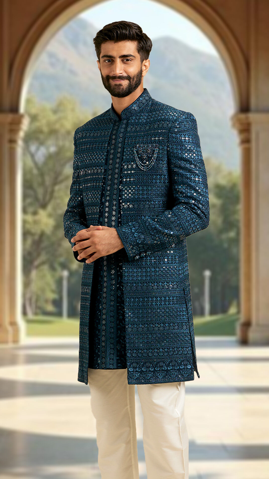 A man wearing blue chikenkari sherwani